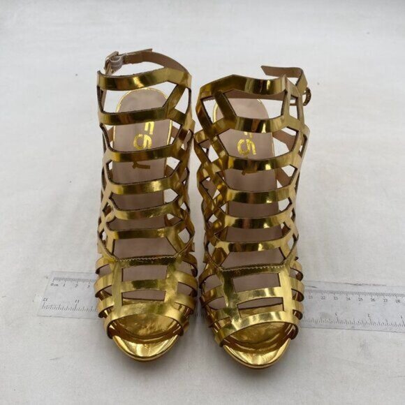 FSJ Women Peep Toe High Heel Bootie Pumps Stiletto Ankle Strap Heels Cutout Gold - Picture 2 of 7